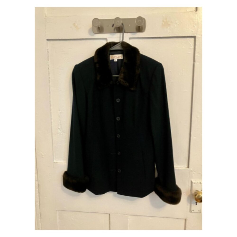 Navy Blue Blazer With Faux Fur Collar and Cuffs